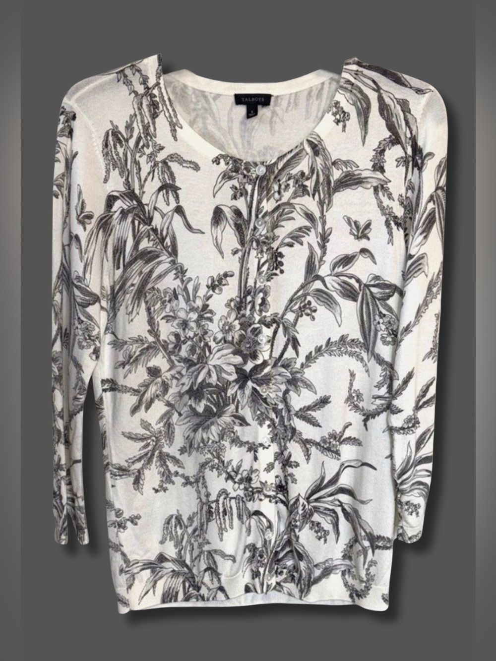 Talbots Botanical Toile Cardigan Sweater Small Black Ivory Floral Button Front